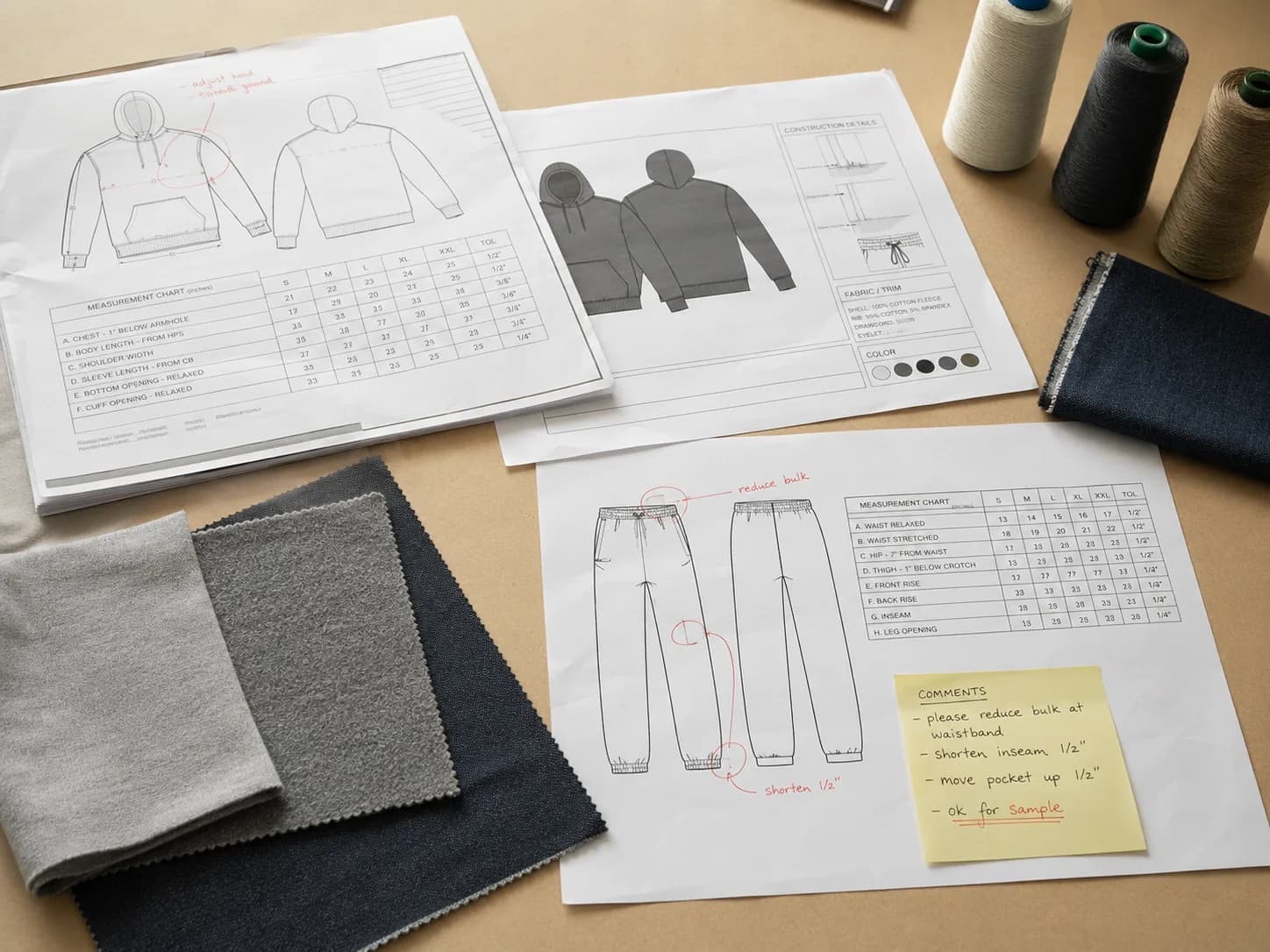 tech pack review with fabric swatches and sample notes